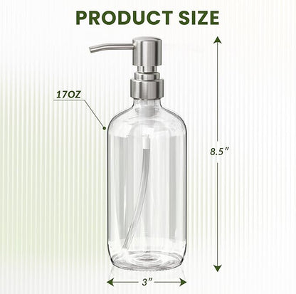 AmazerBath Soap Dispenser, 2 Pack Glass Soap Dispenser with Pump Stainless Steel, 17 Oz Hand Soap Bottles Bathroom Kitchen, Clear - Image 5