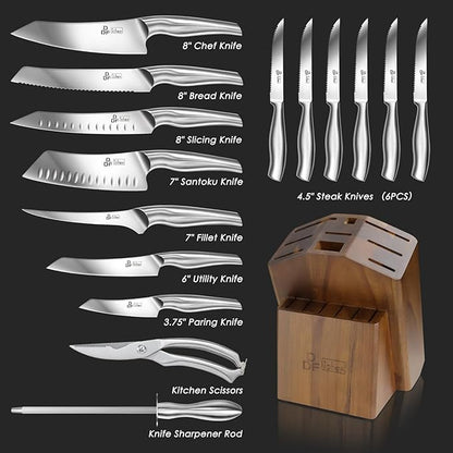DDF iohEF Kitchen Knife Set with Block, 16 PCS Knife Sets for Kitchen with Block Japanese Stainless Steel, Ultra Sharp Chef Knife Set with Sharpener - Image 2