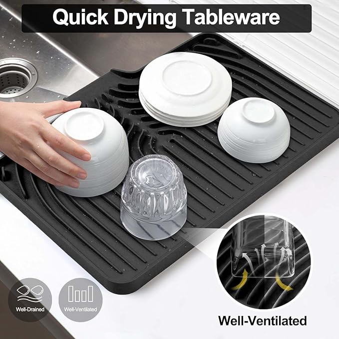 Dish Drying Mat for Kitchen Counter, with Built-in Drain Lip, Food-Grade Silicone, Easy Clean Pad for Countertop Protection, Multi-Functional Use (18 x12 Raised Sink, Black) - Image 4