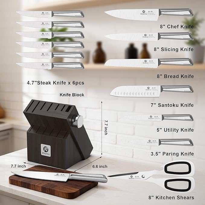 imarku Japanese High Carbon Stainless Steel Knife Set with Block, Precision-Forged Gyutou Kitchen Knives with Built-in Sharpener, Ultra-Sharp 10–15° Edge, Ergonomic Non-Slip Handle, Dishwasher Safe - Image 9