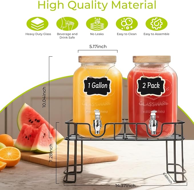 DHSBTLS 1 Gallon Glass Drink Dispensers, 2 Pack Clear Beverage Dispenser with Wood Lid for Party, BBQ and Picnic, Juice Dispenser with Black Stand, Spigot, Markers and Chalkboard