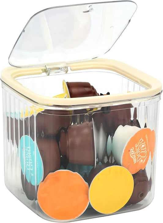 Coffee Pod Holder with Press-Top Lid, Clear BPA-Free Plastic Coffee Capsule Storage Bin Compatible with Nespresso & Keurig K-Cup Pods, Space Saving for Kitchen, Office, Pantry