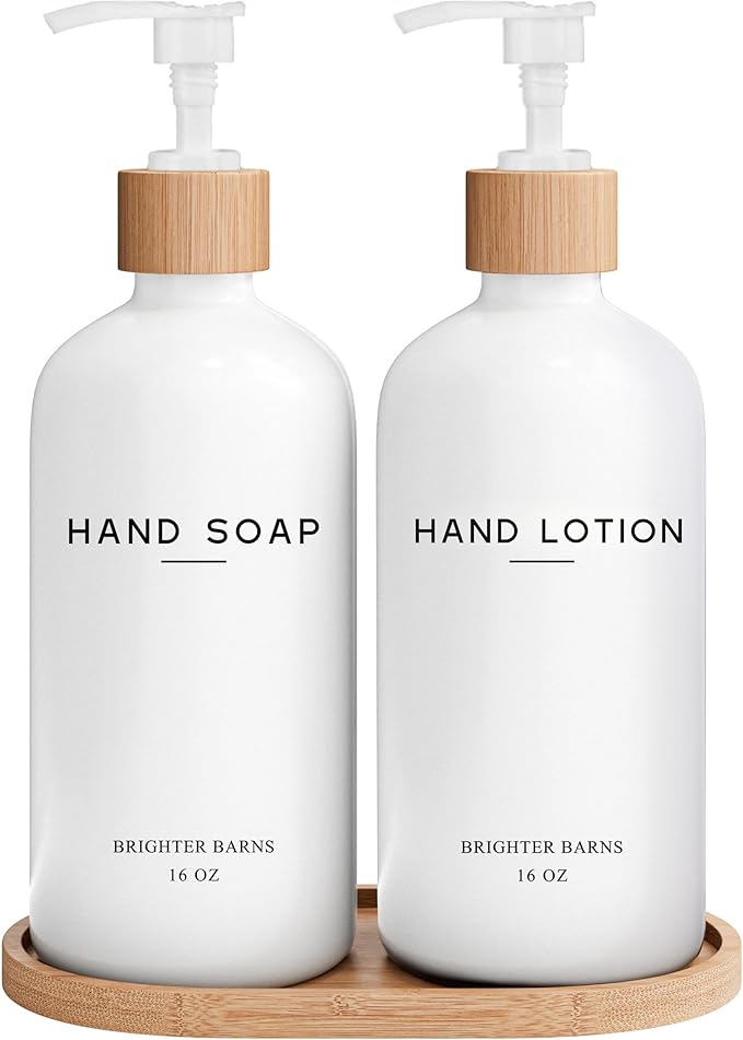 White Glass Soap and Lotion Dispenser Set with Tray by Brighter Barns - Hand Soap Dispenser Bathroom Set - Bamboo Bathroom Soap Dispenser Set - Minimalist Bathroom Accessories, Modern Home Decor by BrighterBarns