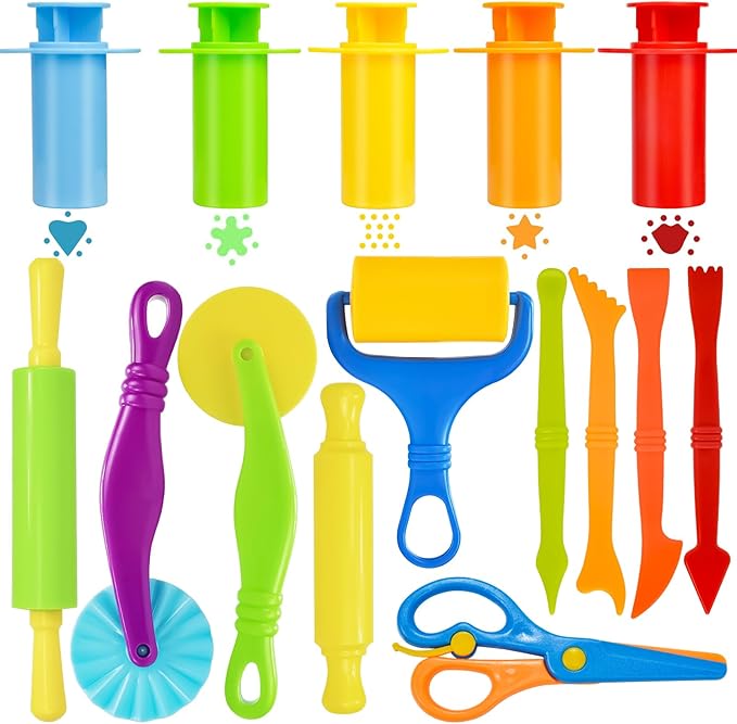 LCY WEDSHI Dough Tool Set, 15 Pcs Dough Tools Sets for Kids Ages 4-8, Dough Accessories Includes Cutters Roller, Rolling Pins, Safety Scissors, Plastic Knife by LCYWEDSHI