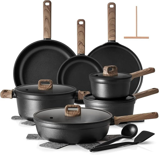 SENSARTE 20Pcs Nonstick Pots and Pans Set, Black Titanium Non Stick Cookware Set, Healthy Kitchen Cooking Set, Induction Compatible, Dishwasher Safe, PFOA/PFOS Free