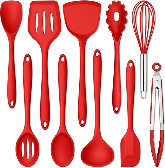 E-far 10 Pieces Silicone Cooking Utensils Set, Heat Resistant Kitchen Utensil Set for Nonstick Cookware, Kitchen Cooking Tools with Spatula, Spoon, Slotted Turner, Non-Toxic & Dishwasher Safe (Red) by E-far