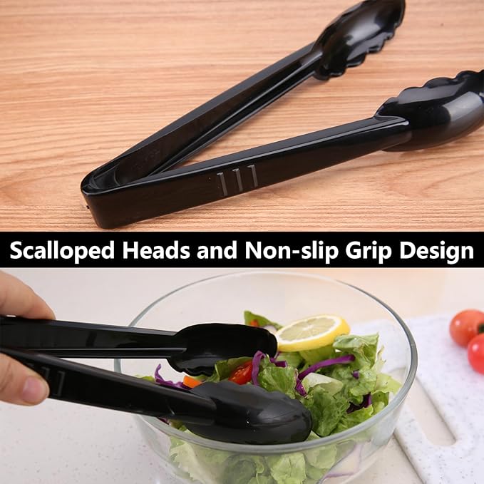 24 Pieces Disposable Serving Tongs, 9" Heavy-Duty Plastic Utensils, BPA-Free, Scalloped Grip Salad Tongs, Perfect for Buffets, BBQ, Parties & Catering, Black - Image 4