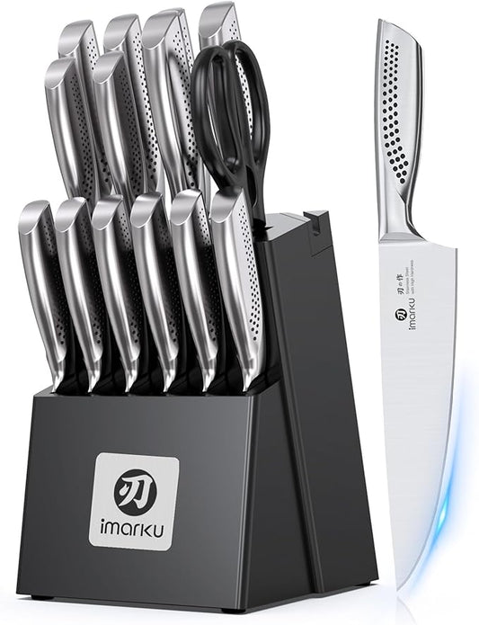 imarku® Kitchen Knife Set, 15 Pcs Japanese Knife Set with Block, Premium Razor-Sharp Chef Knives Set for Kitchen with Sharpener, Rust-Proof, Ergonomic Full-Tang Handle, Black by imarku