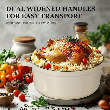 Overmont Enameled Cast Iron Dutch Oven - 5QT Pot with Lid Cookbook & Cotton Potholders - Heavy-Duty Cookware for Braising, Stews, Roasting, Sourdough Baking Cream white - Image 3