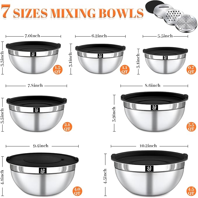 21PCS Mixing Bowls with Lids Set - 7 Nesting Mixing Bowls, 3 Graters, 11 Baking Tools, Lids, Stainless Steel Mixing Bowls for Mixing & Baking, Size 0.7/1.1/1.5/2.1/3.5/4/4.5 QT, Black - Image 2