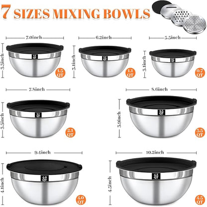 21PCS Mixing Bowls with Lids Set - 7 Nesting Mixing Bowls, 3 Graters, 11 Baking Tools, Lids, Stainless Steel Mixing Bowls for Mixing & Baking, Size 0.7/1.1/1.5/2.1/3.5/4/4.5 QT, Black - Image 2