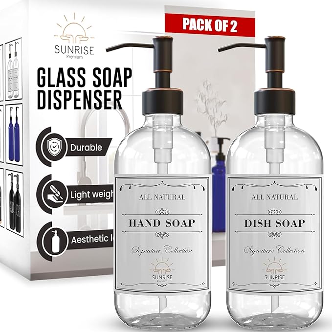Sunrise Premium 2 Pack Clear Glass Soap Dispenser 16 OZ with Oil Rubbed Bronze Stainless Steel Pump, Hand and Dish Soap Dispenser Set for Bathroom and Kitchen Sink with 6 Waterproof Labels by SunrisePremium
