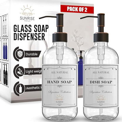 Sunrise Premium 2 Pack Clear Glass Soap Dispenser 16 OZ with Oil Rubbed Bronze Stainless Steel Pump, Hand and Dish Soap Dispenser Set for Bathroom and Kitchen Sink with 6 Waterproof Labels by SunrisePremium