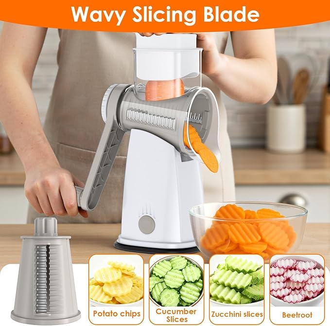 MealHelper 5 Blade Rotary Cheese Grater and Vegetable Chopper with Storage Box and Hand Crank, Compact Shredder for Cheeses, Veggies, Nuts - Easy to Use, Non-slip Suction Base,White - Image 5
