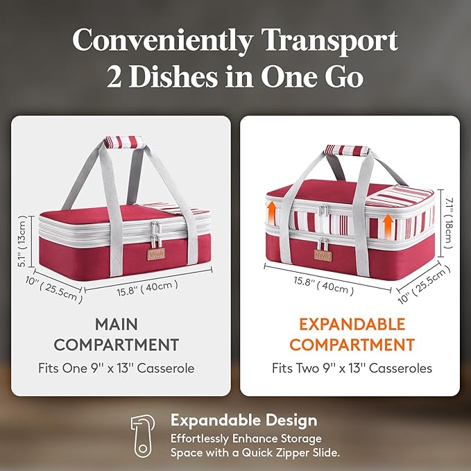 Lifewit Insulated Double Decker Casserole Carrier, Expandable Lasagna Lugger Tote Bag for Hot or Cold Food, Fits 9" x 13" Baking Dish for Potluck Parties, Picnic and Cookouts, Red