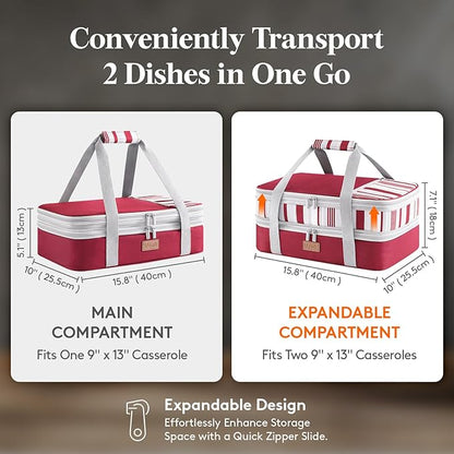 Lifewit Insulated Double Decker Casserole Carrier, Expandable Lasagna Lugger Tote Bag for Hot or Cold Food, Fits 9" x 13" Baking Dish for Potluck Parties, Picnic and Cookouts, Red