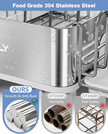 Dish Drying Rack, 304 Stainless Steel Expandable Dish Rack with Adjustable Drain Spout, Large Capacity Dish Drainer with Utensil Holder, Cup Holder and Cutting Board Rack for Kitchen Counter, White - Image 3