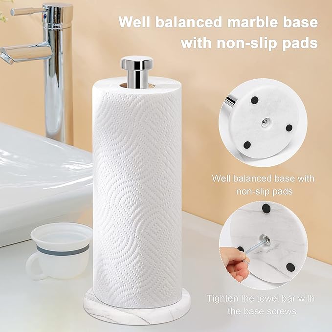 NearMoon Standing Paper Towel Holder, Kitchen Paper Towel Tissue Holder- for Bathroom Countertop, Standard or Jumbo-Sized Roll Paper (with Marble Base, Chrome Finish) - Image 6