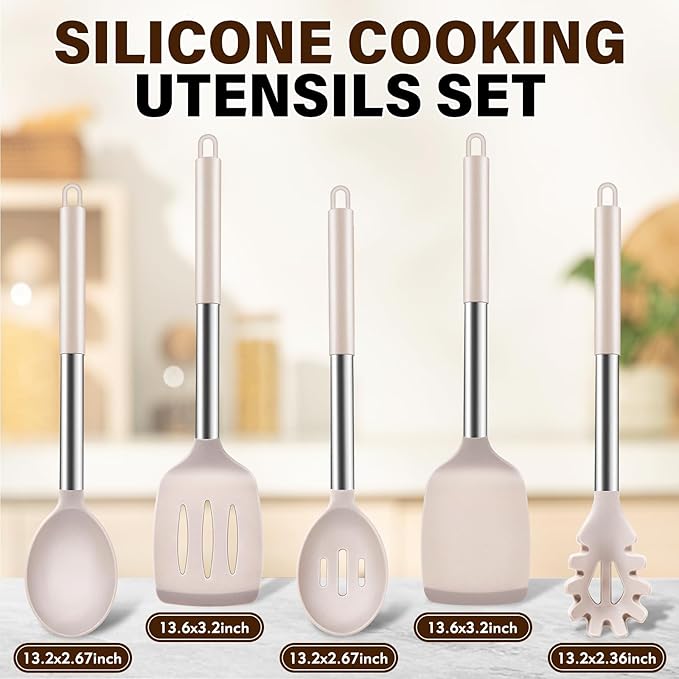 5Pcs Silicone Cooking Utensils Set, Heat Resistant Kitchen Tools Include Solid&Slotted Spatula, Cooking Spoon and Pasta Server, Silicone Kitchen Utensils set for Nonstick Cookware Flipping, Khaki - Image 2
