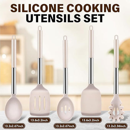 5Pcs Silicone Cooking Utensils Set, Heat Resistant Kitchen Tools Include Solid&Slotted Spatula, Cooking Spoon and Pasta Server, Silicone Kitchen Utensils set for Nonstick Cookware Flipping, Khaki - Image 2