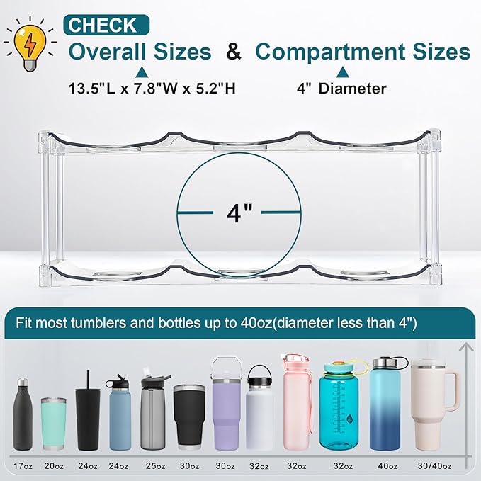 LARGER Compartment - Stackable Water Bottle Organizer Holder - for Stanley & Others' Large Tumbler - Clear Wine Rack, Cup Bottle Holder for Cabinet Home Countertop Fridge Pantry Shelf, 3 Tier Hold 9 - Image 4