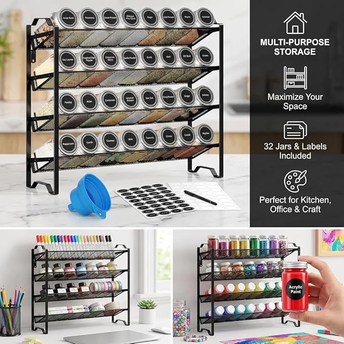 Simple Trending Spice Rack Organizer with 32 Empty Spice Jars, 64 Spice Labels, Chalk Marker and Funnel Set for Cabinet, Countertop, Kitchen, Pantry or Wall Mount, Black - Image 7