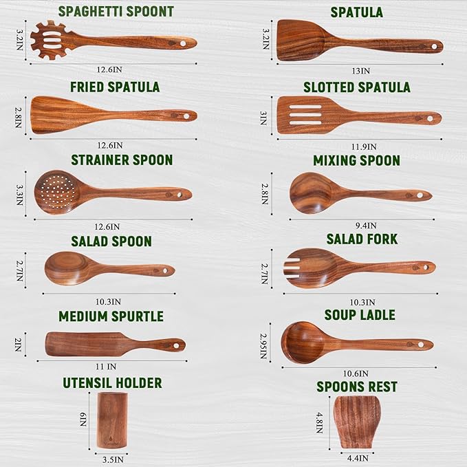 12 Piece Wooden Spoons for Cooking, Natural Teak Wooden Utensils Set, Handmade Wood Kitchen Utensil Set with Holder and Spoon, Durable Nonstick, Comfort Grip Wood Cookware Tool - Image 4