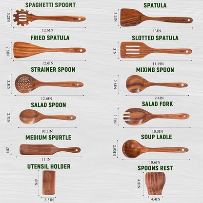 12 Piece Wooden Spoons for Cooking, Natural Teak Wooden Utensils Set, Handmade Wood Kitchen Utensil Set with Holder and Spoon, Durable Nonstick, Comfort Grip Wood Cookware Tool - Image 4