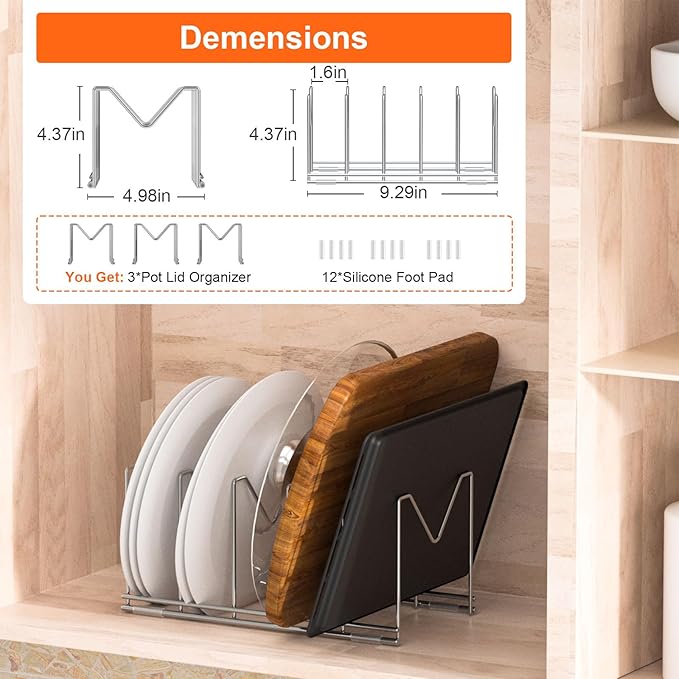 HzTinT 3 Pack Pot Lid Organizer for Cabinet, Stainless Steel Pot Lid Rack with Anti-slip Pad, Lid Holder for Pans Pots, Bakeware, Plates, Cookie Sheets, Trays, Dish, Cutting Boards, Silver - Image 5