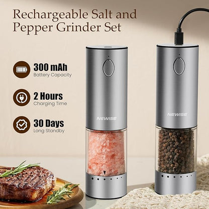 Newise Electric Salt and Pepper Grinder Set - Rechargeable Stainless Steel Salt and Pepper Shakers with LED Lights, Adjustable Coarseness, Large Capacity, Kitchen Appliances Gifts for Women