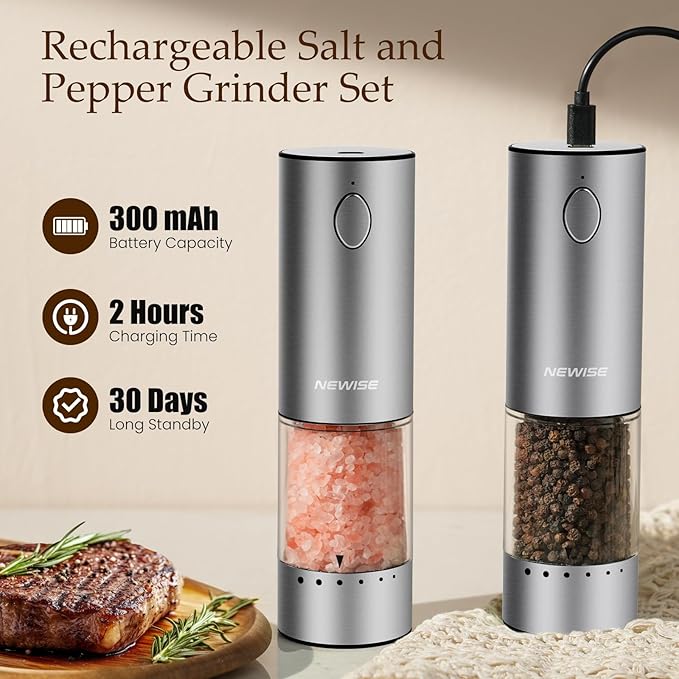 Electric Salt and Pepper Grinder Set - Acacia Wood Base, Rechargeable & Automatic Pepper Mill with LED Lights, Adjustable Coarseness, 95ml Large Capacity, Kitchen Birthday Gifts for Women