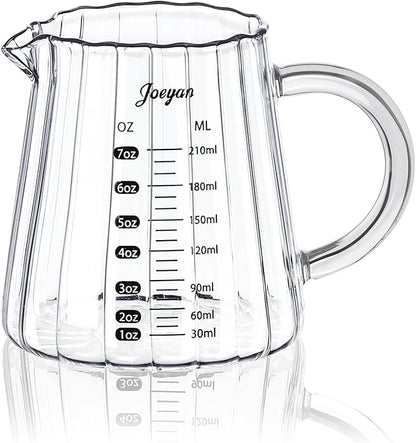 Joeyan 7 oz Glass Measuring Cups with Spout,Borosilicate Large Glass Triple Pitcher with Scale,Origami Style Espresso Shot Glasses with Wood Handle for Coffee Milk by JoeyanHousehold