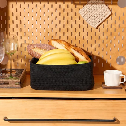 MiniArk Small Storage Baskets for Organizing | Closet Organizer Bins | Shelf Toy Basket | Woven Rope Baskets | Cube Decorative Box | Shallow Basket | 11.5x7.5x4.7” | 4 Packs Black