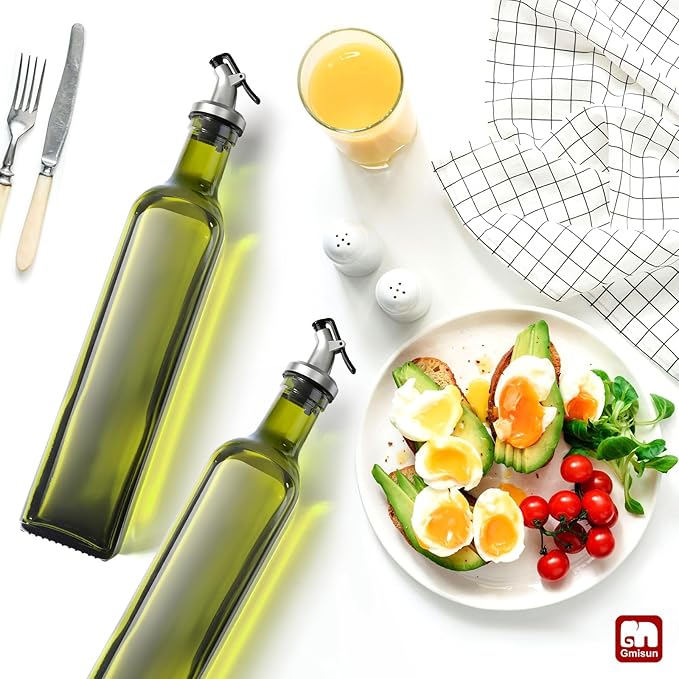 GMISUN Olive Oil Dispenser Bottle 2 Pack, Olive Oil Dispenser for Kitchen 17oz, Glass Cooking Soy Sauce Bottle Container Cruet with Plastic Pourer Spout, Green - Image 7