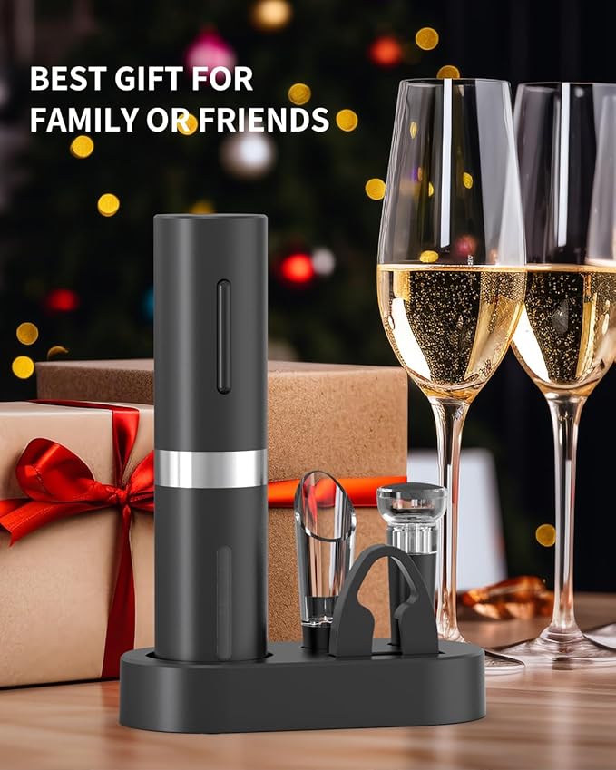 CIRCLE JOY Electric Wine Bottle Opener Set Rechargeable Wine Corkscrew Cordless Wine Set with Charging Base, Foil Cutter, Wine Aerator Pourer and Wine Stopper, Black - Image 6