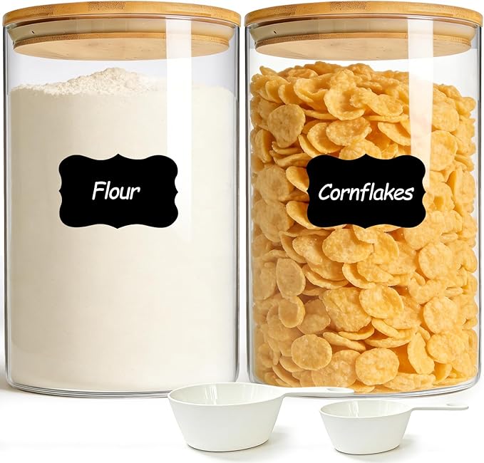 ComSaf 2Pcs Large Glass Storage Containers with Lids 4Qt, 1 Gallon Wide Mouth Flour Sugar Storage Containers, Large Capacity and Sealed for Rice, Cereal, Oat, Easy Clean and Scoop, Pantry Organization by ComSaf