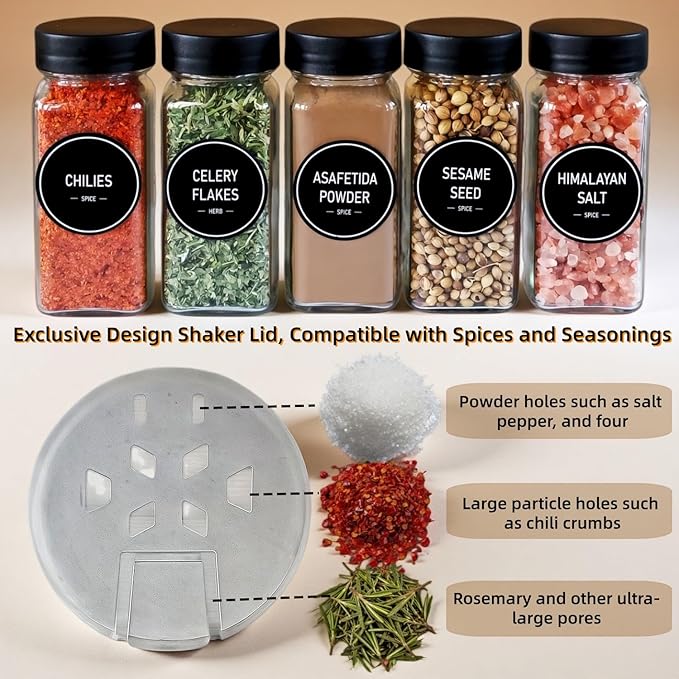 Spice Jars with Labels - 24 Glass Spice with Shaker Lids & Airtight Plastic Caps - 4oz Complete Seasoning Containers Organizer Set for Cabinet, Drawer & Rack (Black) - Image 6