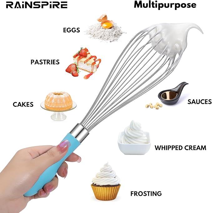 Rainspire 12-Inch Wire Whisk Stainless Steel, Balloon Whisks for Cooking, Wisk Wisking Tool With Soft Silicone Handle, Thick Durable Whisker for Blending, Beating, Whisking, Stirring, Blue - Image 5