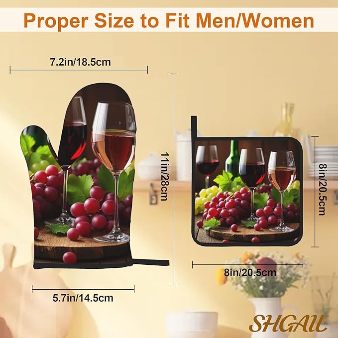 Grape Wine Oven Mitts with Matching Potholders - Heat Resistant Kitchen Accessories for Baking, Grilling, Cooking, Gifts for Women