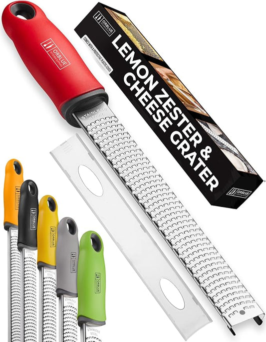 Orblue Lemon Zester & Cheese Grater - Premium Citrus Zester, Kitchen Grater for Parmesan, Chocolate, Fruits, Vegetables, Ginger, Garlic, Nutmeg - Stainless Steel Blades with Protective Cover, Red by Orblue