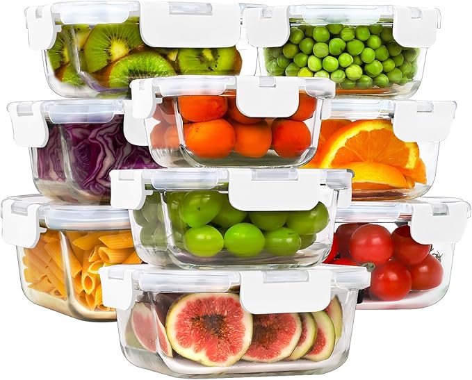 HOMBERKING Glass Food Storage Containers with Lids, [18 Piece] Meal Prep Containers, Airtight Lunch Bento Boxes (9 lids & 9 Containers) - White by HOMBERKING