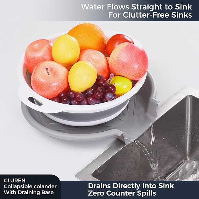 Collapsible Colander Set with Oversized Draining Tray | 3-Pack Foldable Kitchen Strainers + Base | Space Saving for Pasta, Veggies, Fruit & Rice | 5 Colors (Gray-White) - Image 2