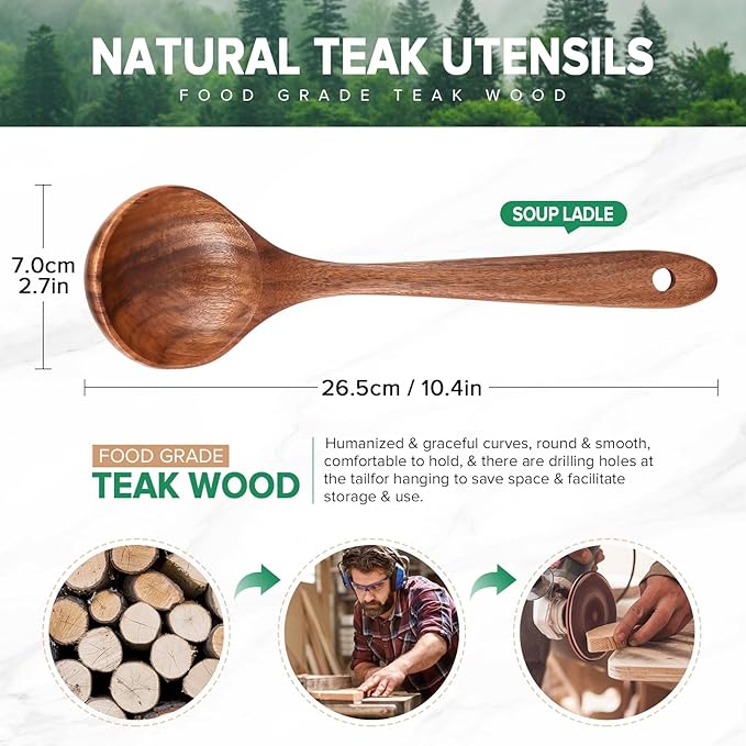 Wooden Soup Spoon for Cooking, Teak Acacia Soup Ladle, Non-Toxic Natural Wood Serving Spoon for Gravy Sauce Porridge, Long Handle Deep Scooper Server Utensil, No-Scratch Cookware Surface,10.6″ - Image 2