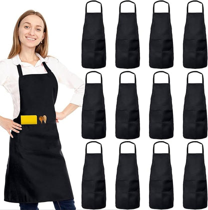 12 Pack Bib Apron, Unisex Restaurant Kitchen Aprons for Women with 2 Pockets, Chef Aprons for Cooking Men BBQ Painting Drawing Craft Plain Adults, Bulk Black by Unknown