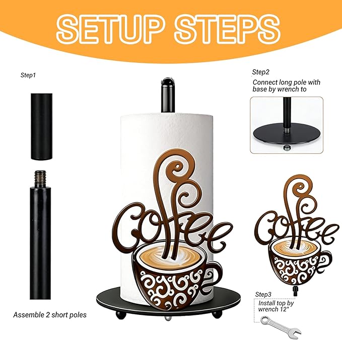 Coffee Themed Paper Towel Holder Countertop - Decorative Metal Paper Roll Stand with 3D Cup & Swirl Design, Weighted Base for Kitchen, Bar, Farmhouse Decor (Coffee)