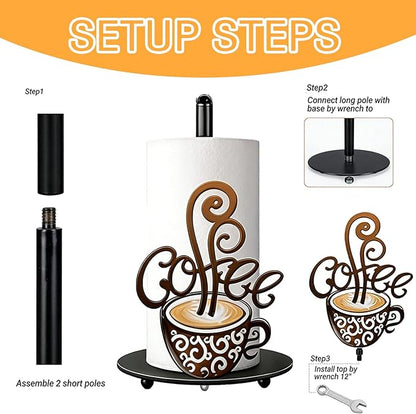 Coffee Themed Paper Towel Holder Countertop - Decorative Metal Paper Roll Stand with 3D Cup & Swirl Design, Weighted Base for Kitchen, Bar, Farmhouse Decor (Coffee)