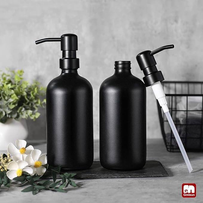 GMISUN Black Soap Dispenser, 2 Pack Matte Black Hand Soap Dispensers for Bathroom, 17 Fl Oz Glass Dish Soap Dispensers for Kitchen with Stainless Steel Pump, Modern Liquid Soap Bottle - Image 5