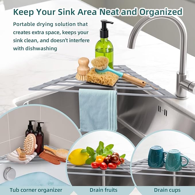 Ohuhu Triangle Roll Up Dish Drying Rack, Anti-Slip Organizer for Kitchen Sink Drying Rack with Full Silicone Wrapped for Top of Sink Coner Grey - Image 3