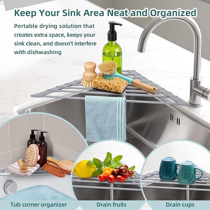 Ohuhu Triangle Roll Up Dish Drying Rack, Anti-Slip Organizer for Kitchen Sink Drying Rack with Full Silicone Wrapped for Top of Sink Coner Grey - Image 3
