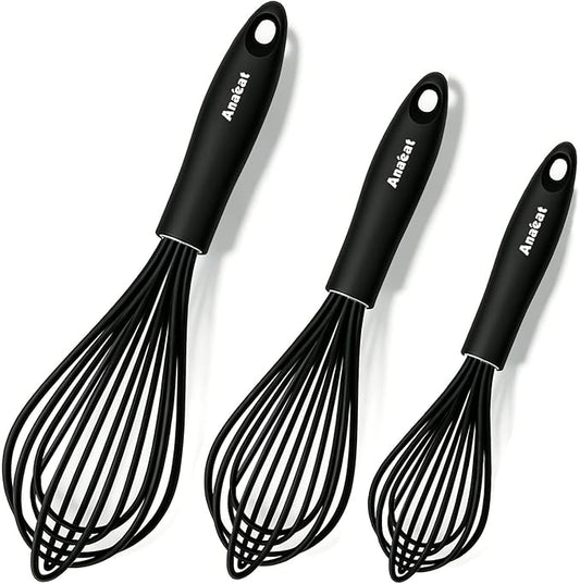 Anaeat Silicone Balloon Whisk, Perfect for Non-Stick Cookware, Milk and Egg Beater Blender, Heat Resistant Kitchen Whisks for Whisking, Cooking, Baking, Beating, Frothing & Stirring (Black) by Anaeat